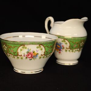 Salisbury Bone China Sugar Bowl and Creamer Set green w/pink roses made in Engla